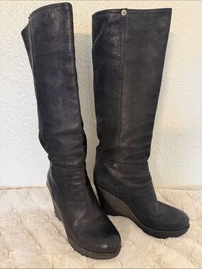 Prada Black Leather Wedge Knee-High Boots